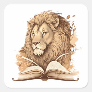 Lion Reading Book, Wild About Reading Quadratischer Aufkleber