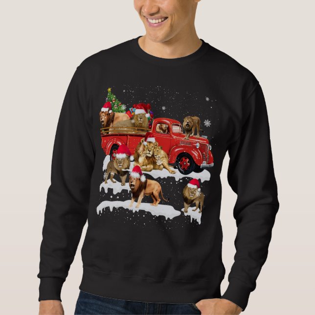 Lion Riding Red Truck Frohe Weihnachts X-mas Ugly  Sweatshirt (Vorderseite)