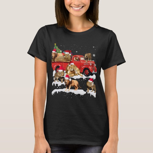 Lion Riding Red Truck Frohe Weihnachts X-mas Ugly  T-Shirt (Vorderseite)