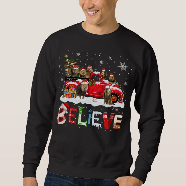 Lion Riding Red Truck Weihnachtsbaum Glauben Santa Sweatshirt (Vorderseite)
