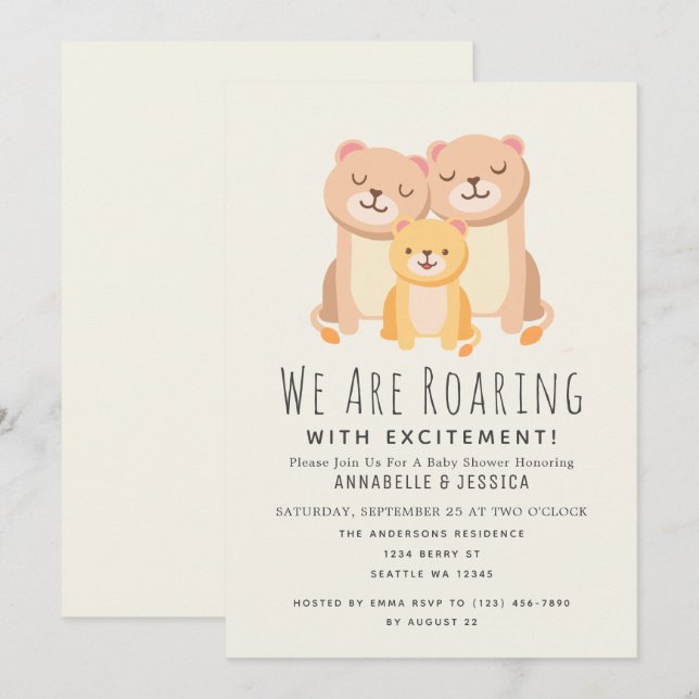 Lion Roaring Spannung 2 moms Babydusche Einladung (Vorne/Hinten)