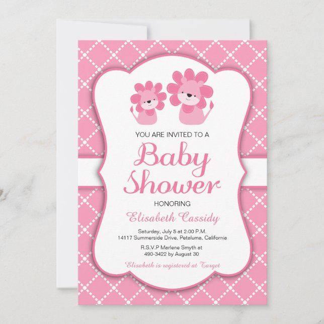 Lion rose, Invitation Baby shower de fille Chevron (Devant)