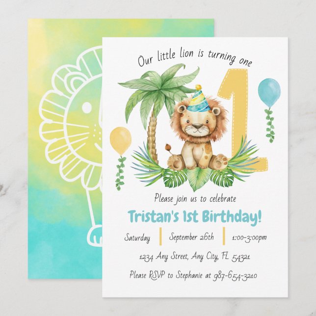 Lion Safari 1st Birthday Invitation Einladung (Vorne/Hinten)