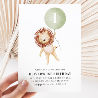 Lion Sage Green Balloon Boys 1. Geburtstag Party Einladung