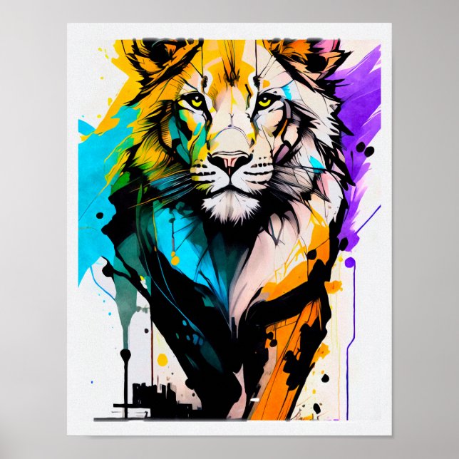 Lion schwarz lila blaue Linien zeichnen pash Poster (Vorne)