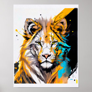 Lion schwarz lila blaue Linien zeichnen pash Poster