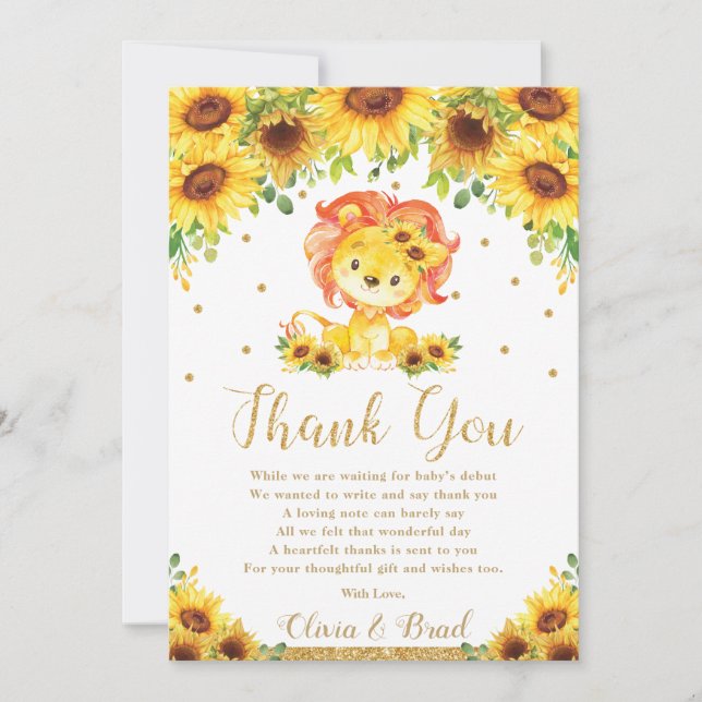 Lion Sunflower Baby Showday Dankeskarte (Vorderseite)