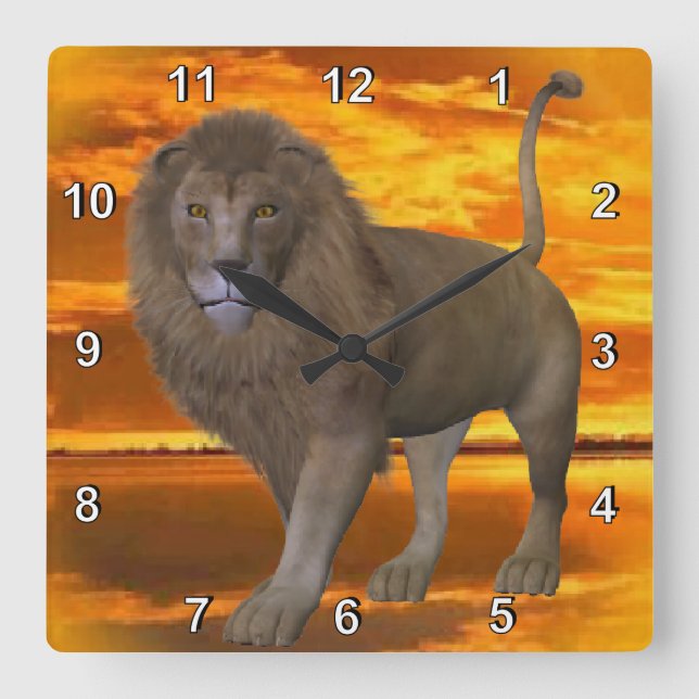 Lion Sunset Quadratische Wanduhr (Vorderseite)