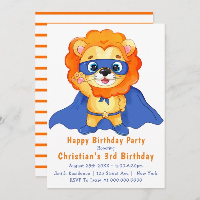 Lion Superhero 3e anniversaire Invitations (Devant / Derrière)