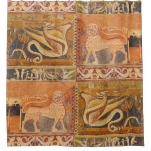 LION UND DRAGON Mittelalterliches Fresco in Gelb O Duschvorhang