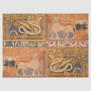 LION UND DRAGON Mittelalterliches Fresco in Gelb O Seidenpapier
