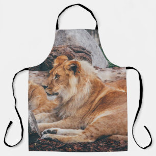 LION UND LIONESS AUF DER BROWNEN OBERFLÄCHE SCHÜRZE