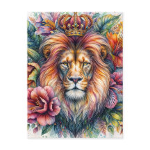 Lion Wear Crown Floral Watercolor Portrait