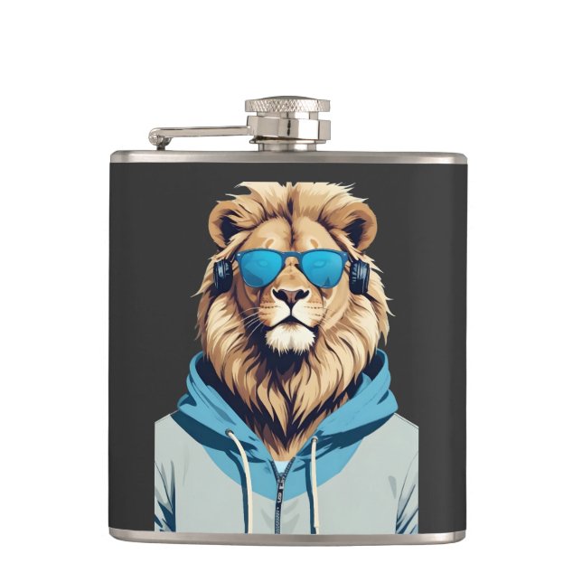 Lion Wearing Hoodie Funny Coole Tierart Flachmann (Vorderseite)