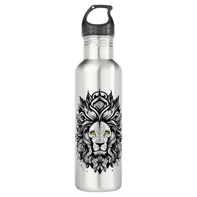 Lion Wild Animal Nature Illustration Art Tattoo Edelstahlflasche (Vorderseite)