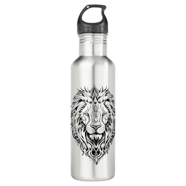 Lion Wild Animal Nature Illustration Art Tattoo Edelstahlflasche (Vorderseite)