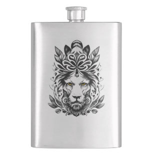 Lion Wild Animal Nature Illustration Art Tattoo Flachmann