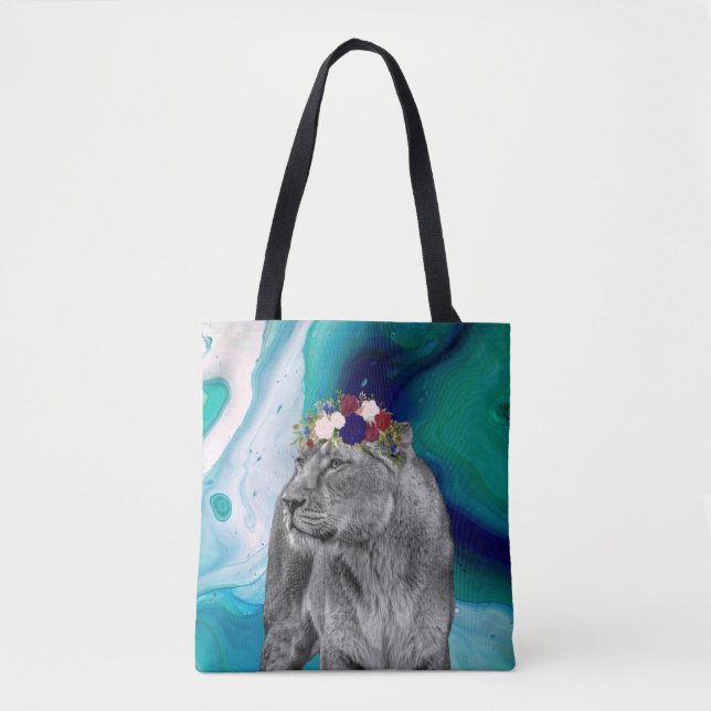 Lioness Lion Animal Girl Blume Kronen farbenfroh Tasche (Vorderseite)