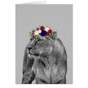 Lioness Lion Animal Girl Couronne Fleur Noir Blanc