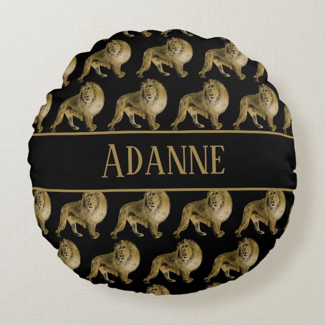 Lions Gold und Black Print Rundes Kissen (Vorderseite)