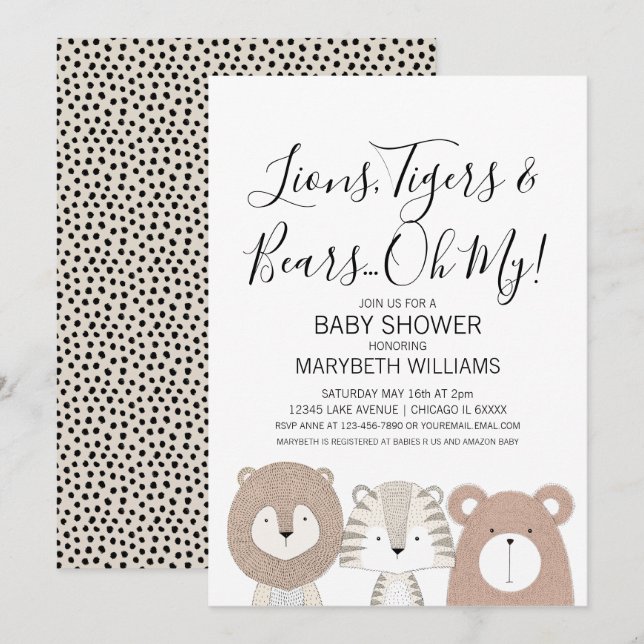 Lions Tigres et ours Baby shower animal Carte (Devant / Derrière)