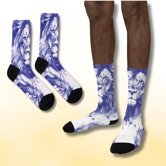 Lions Vintag Blue Pen Illustration Socken (Von Creator hochgeladen)