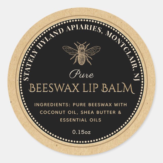 Lip Balm Label BLACK on KRAFT BeesWachs Runder Aufkleber (Vorderseite)