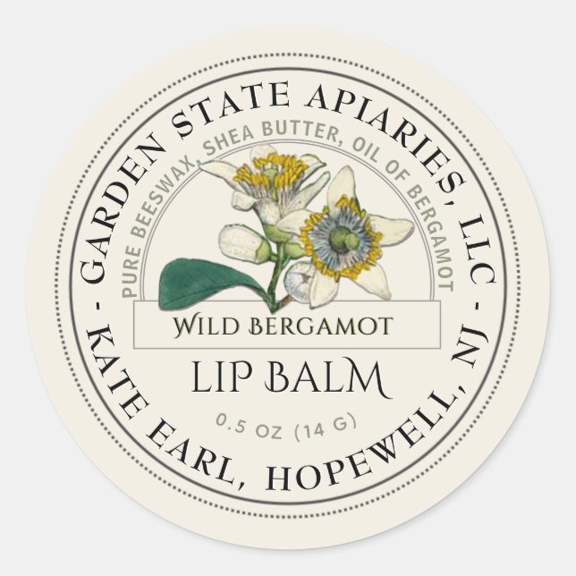 Lip Balm Label mit Wild Bergamot über Elfenbein Runder Aufkleber (Vorderseite)