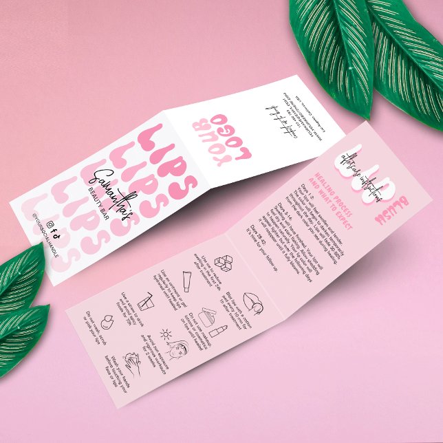 Lip Blush Aftercare Retro Pink Logo PMU Lip Tattoo Visitenkarten (Lip blush aftercare instructions cards in a trendy pink design featuring retro fonts and care icons)