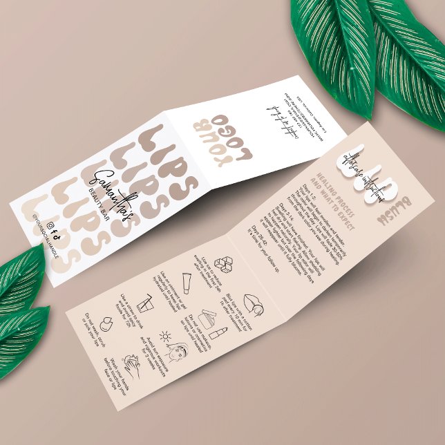 Lip Blush Care Instruktionen Retro Beige Logo PMU Visitenkarten (Lip Blush after care instructions cards in trendy design with care icons and space for your logo)
