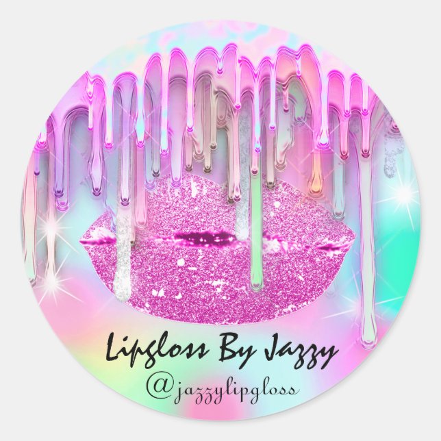 Lipgloss Makeup Packung Pink Tropfen Holograph Tro Runder Aufkleber (Vorderseite)