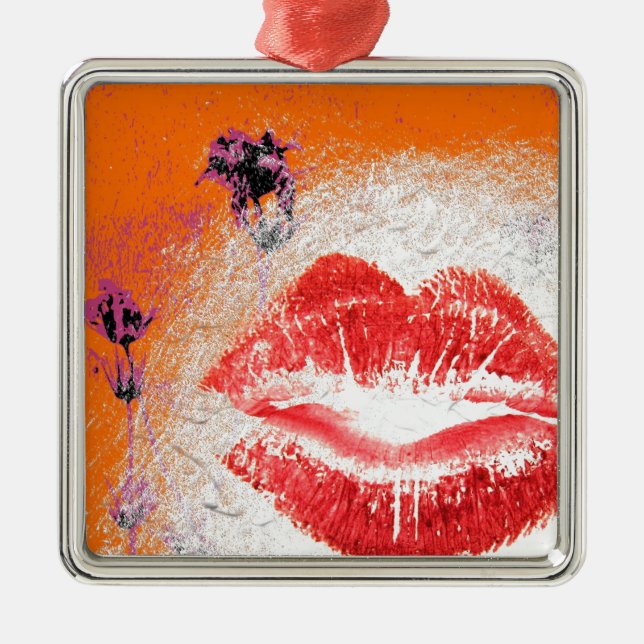 Lippen auf orangefarbenem Hintergrund Ornament Aus Metall (Vorne)