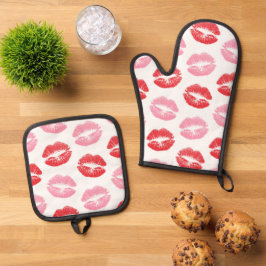 Lippen, rot und rosa, Lippenmuster, Lippenstift, K Ofenhandschuh & Topflappen-Set