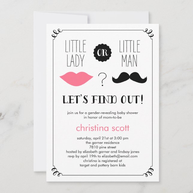 Lippen und Mustache Gender Reveal Baby Dusche einl Einladung (Vorderseite)