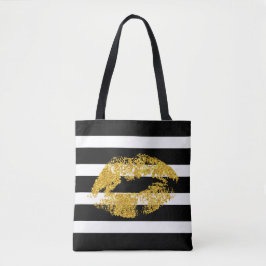 Lippen und Schwarz-weiße Streifen aus Gold, Glitze Tasche