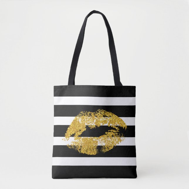 Lippen und Schwarz-weiße Streifen aus Gold, Glitze Tasche (Vorderseite)