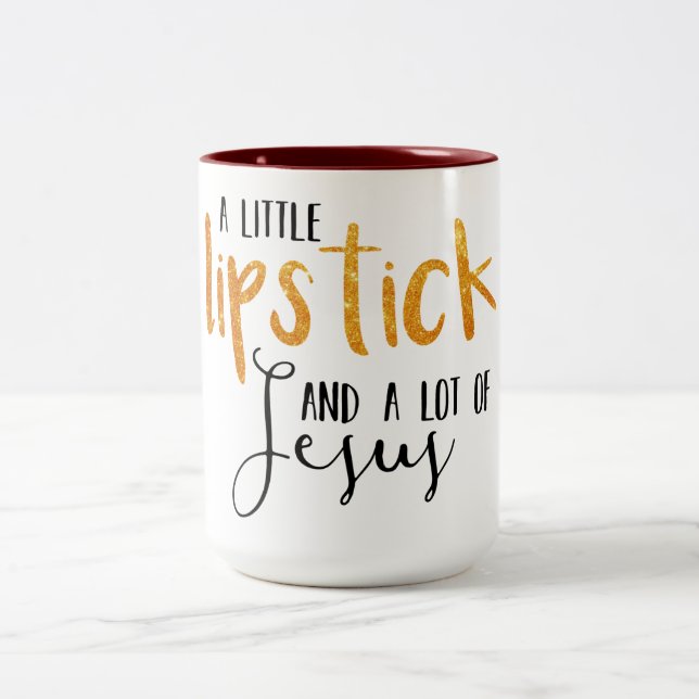 Lippenstift und Jesus-Kaffee-Tasse Zweifarbige Tasse (Mittel)