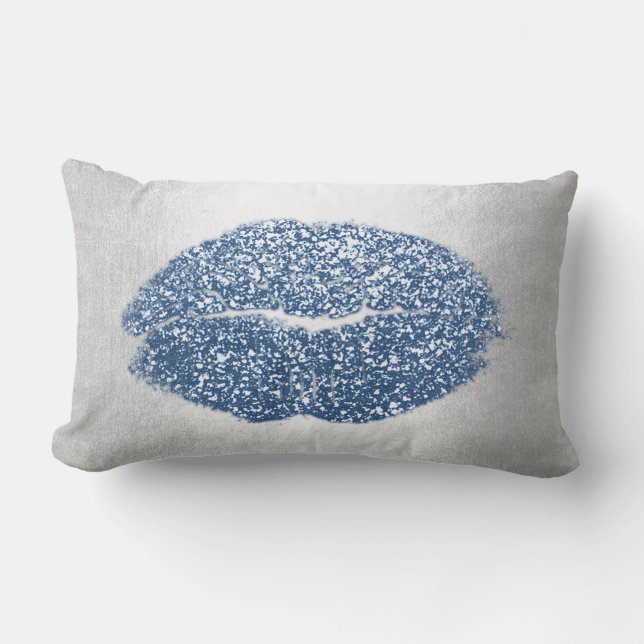 Lips Glitzer Gray Pastel Blue Makeup Kiss Silver Lendenkissen (Vorderseite)