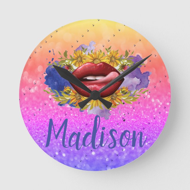 Lips Licking Custom Glitter Name Personalized Runde Wanduhr (Vorderseite)