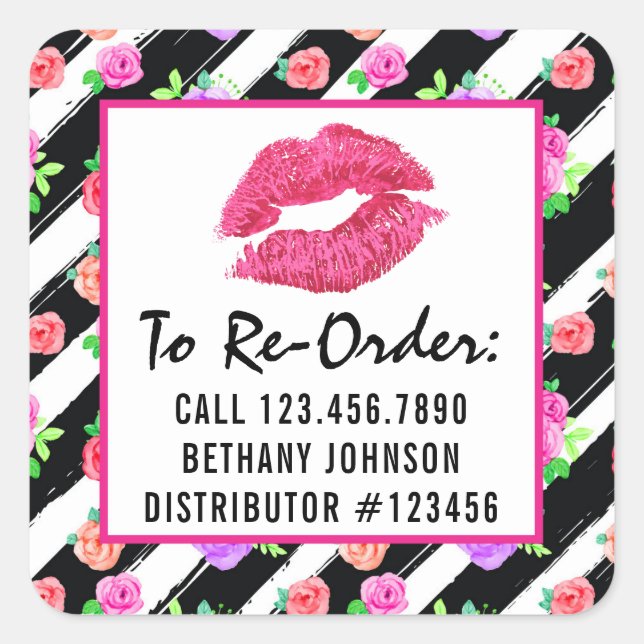 Lipstick-Distributor Glam-Rose Kiss-Re-Order-Label Quadratischer Aufkleber (Vorderseite)