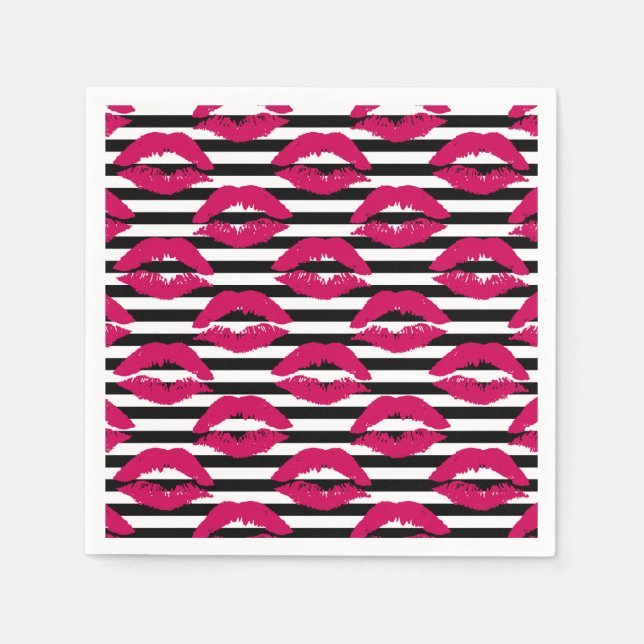 Lipstick Kiss B&W Streifenmuster Serviette (Vorderseite)