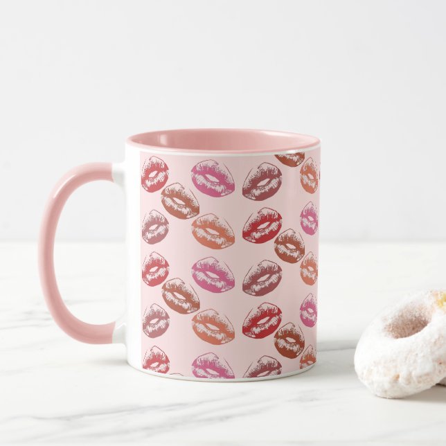 Lipstick Kiss Lip Prints Pink Tasse (Mit Donut)