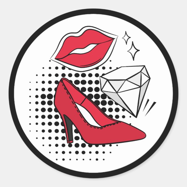 Lipstick Kiss Red High Heels Diamond Modern Glam Runder Aufkleber (Vorderseite)