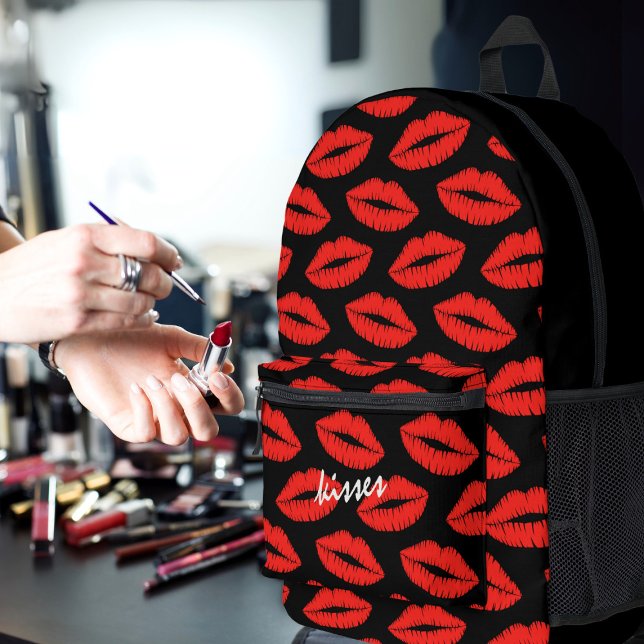Lipstick Kisses Black and Red Lip gedruckter Backp Bedruckter Rucksack (Lots of lovely kisses for you. Just add your name!)