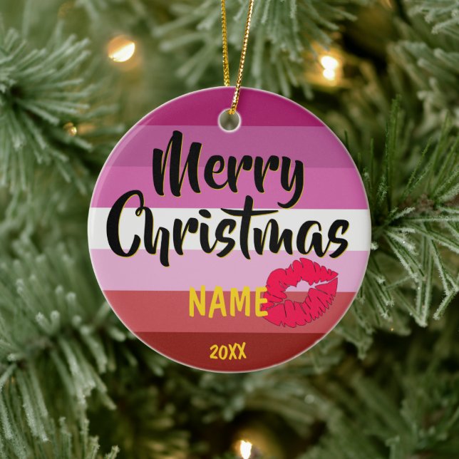 Lipstick Lesbische Flagge Personalisiert Weihnacht Keramik Ornament (Baum)