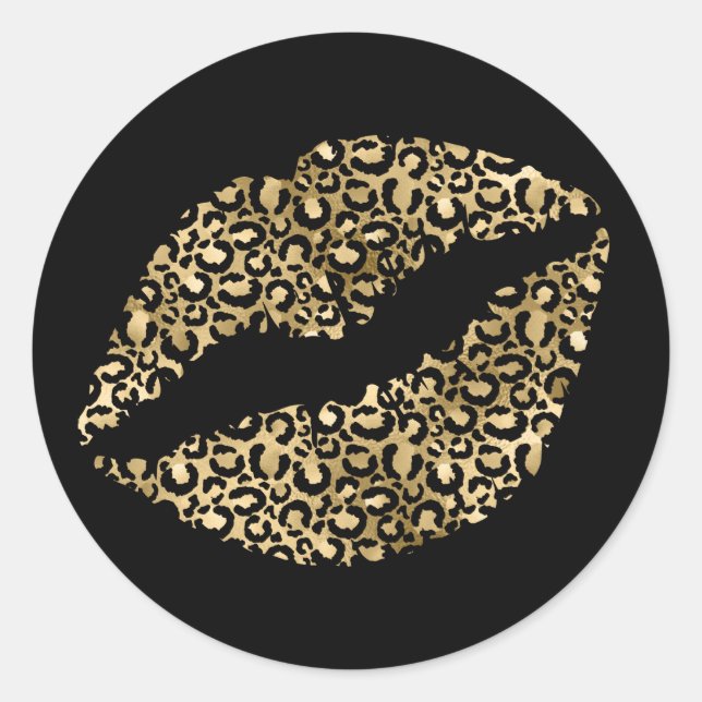 Lipstick mit Gold und Black Leopard Spots Runder Aufkleber (Vorderseite)