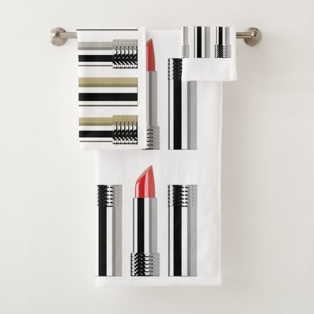 Lipstick Schönheitscreme Rot Rosa gestreift Badhandtuch Set (Insitu)
