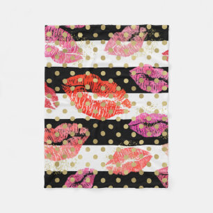 Lipstick Stains Küsse mit Streifen Gold Punkte Fleecedecke