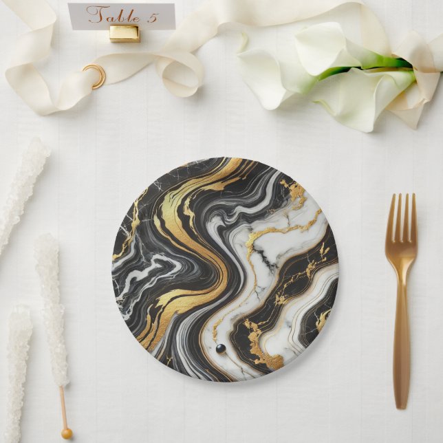 Liquid Gold Schwarz-weiß Marmor Look Glam Wedding Pappteller (Hochzeit)