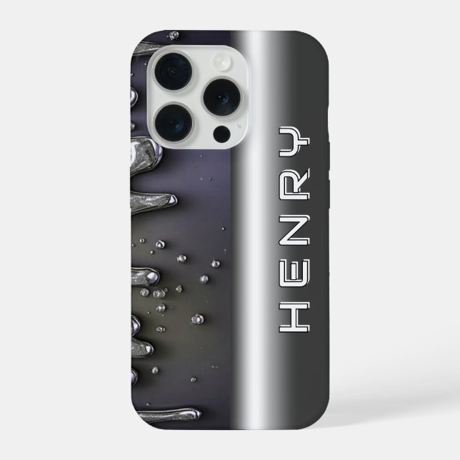 💿 Liquid Metal Flow Name Glow Über Silver Chrome iPhone 15 Pro Hülle (Rückseite)